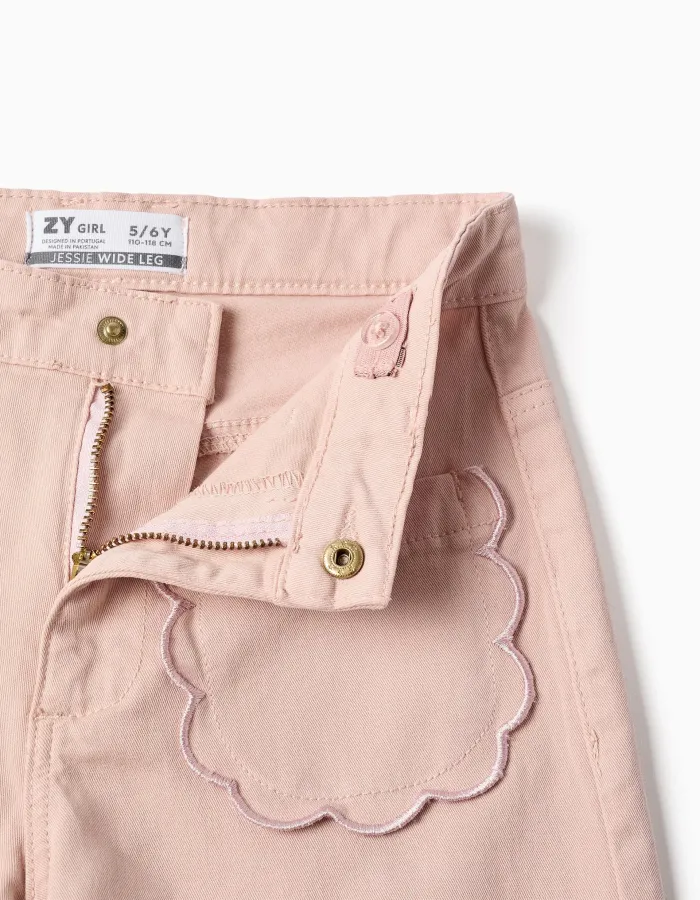 Wide leg twill trousers with front pockets for girls, light pink