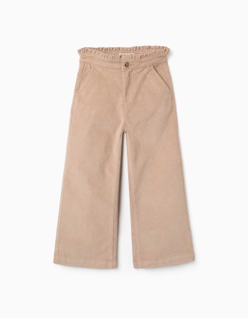 Corduroy trousers with ruffled paperbag waist for girls, beige