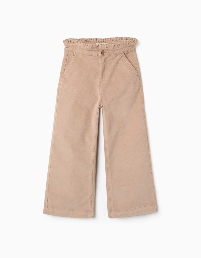 Corduroy trousers with ruffled paperbag waist for girls, beige