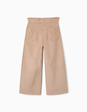 Corduroy trousers with ruffled paperbag waist for girls, beige