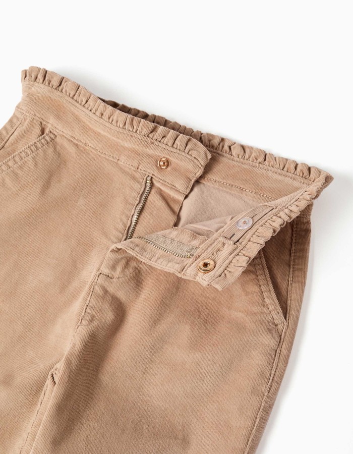 Corduroy trousers with ruffled paperbag waist for girls, beige