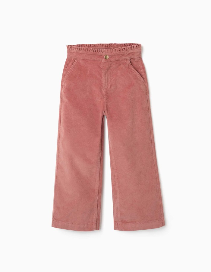 Corduroy trousers with ruffled paperbag waist for girls, dusty pink