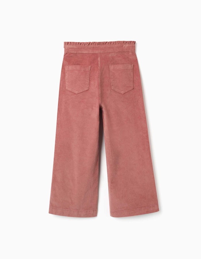 Corduroy trousers with ruffled paperbag waist for girls, dusty pink