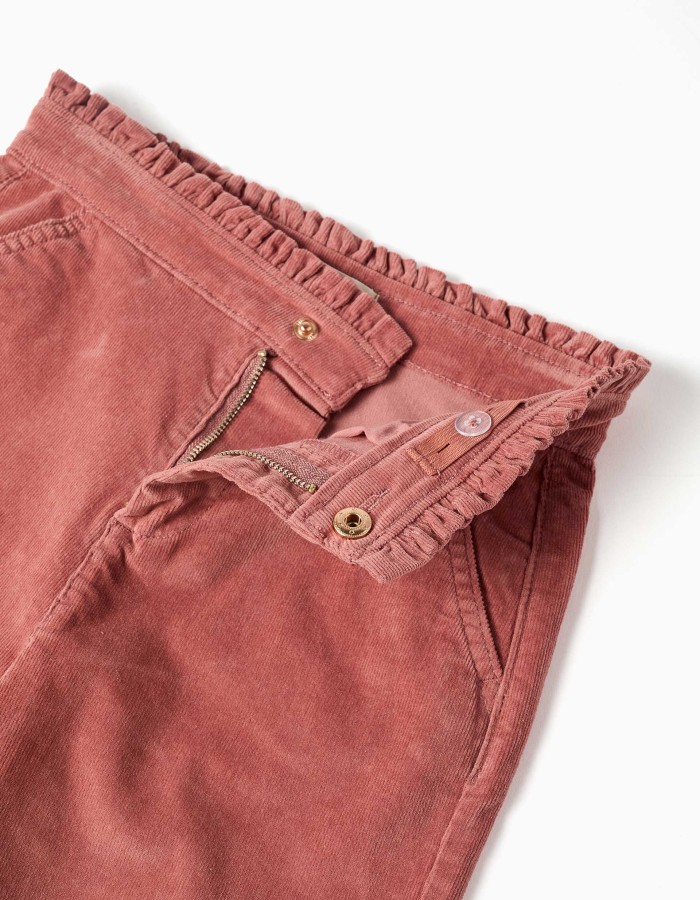 Corduroy trousers with ruffled paperbag waist for girls, dusty pink