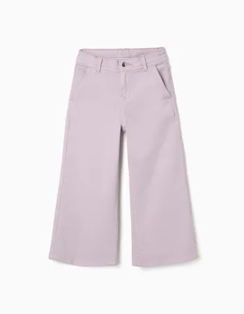 Wide leg twill trousers with four pockets for girls, light purple