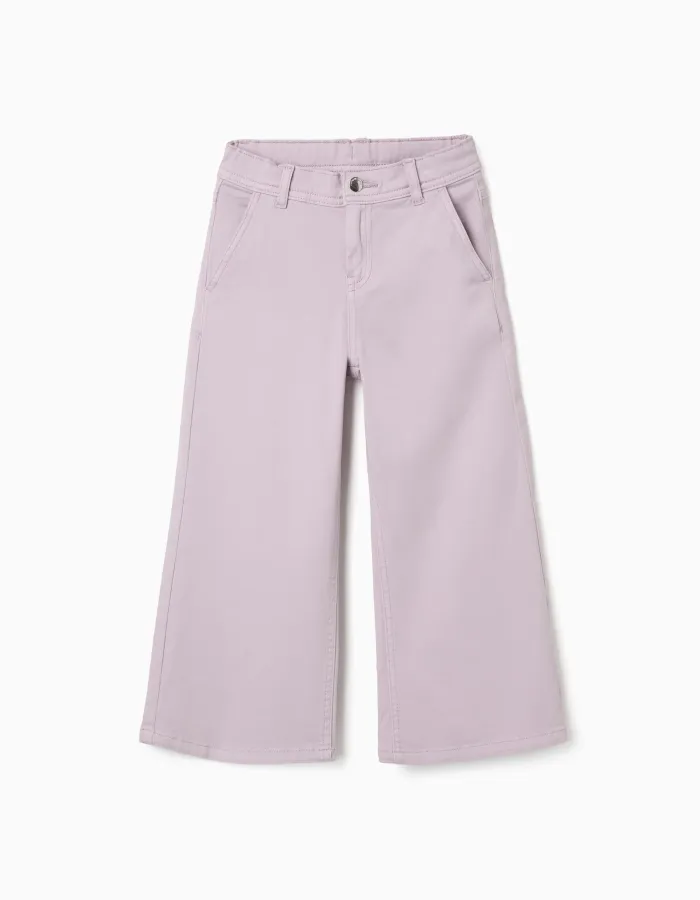 Wide leg twill trousers with four pockets for girls, light purple
