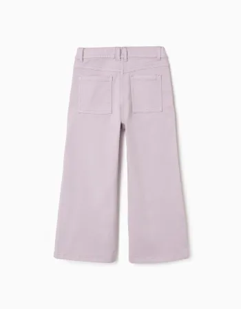 Wide leg twill trousers with four pockets for girls, light purple