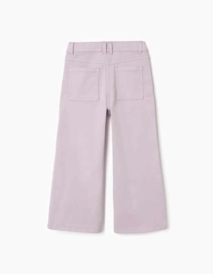 Wide leg twill trousers with four pockets for girls, light purple