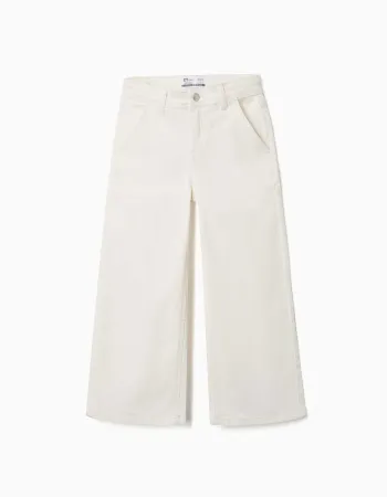 Wide leg twill trousers with four pockets for girls, white