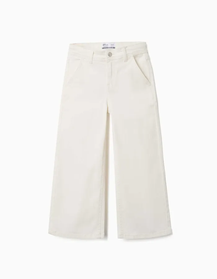 Wide leg twill trousers with four pockets for girls, white