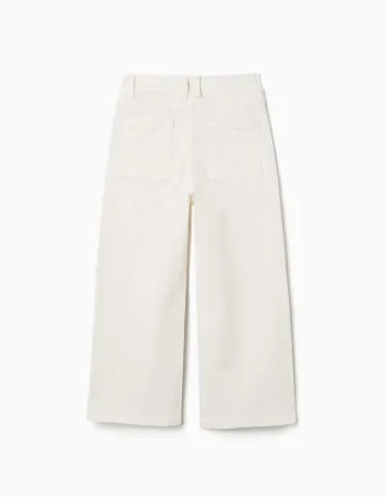 Wide leg twill trousers with four pockets for girls, white