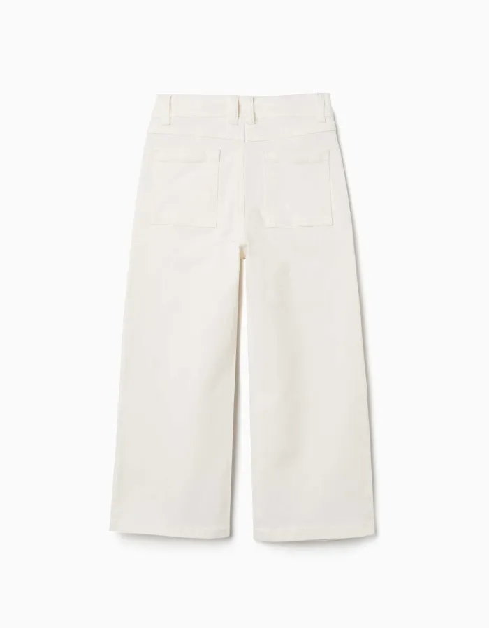 Wide leg twill trousers with four pockets for girls, white