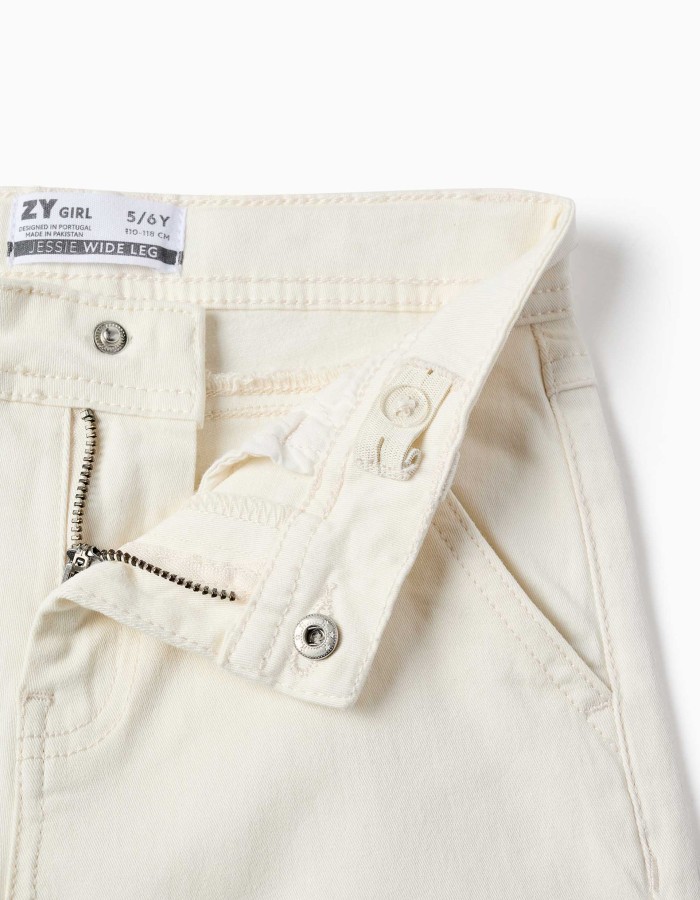 Wide leg twill trousers with four pockets for girls, white