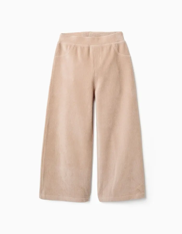 Wide leg corduroy trousers with elastic waist for girls, beige