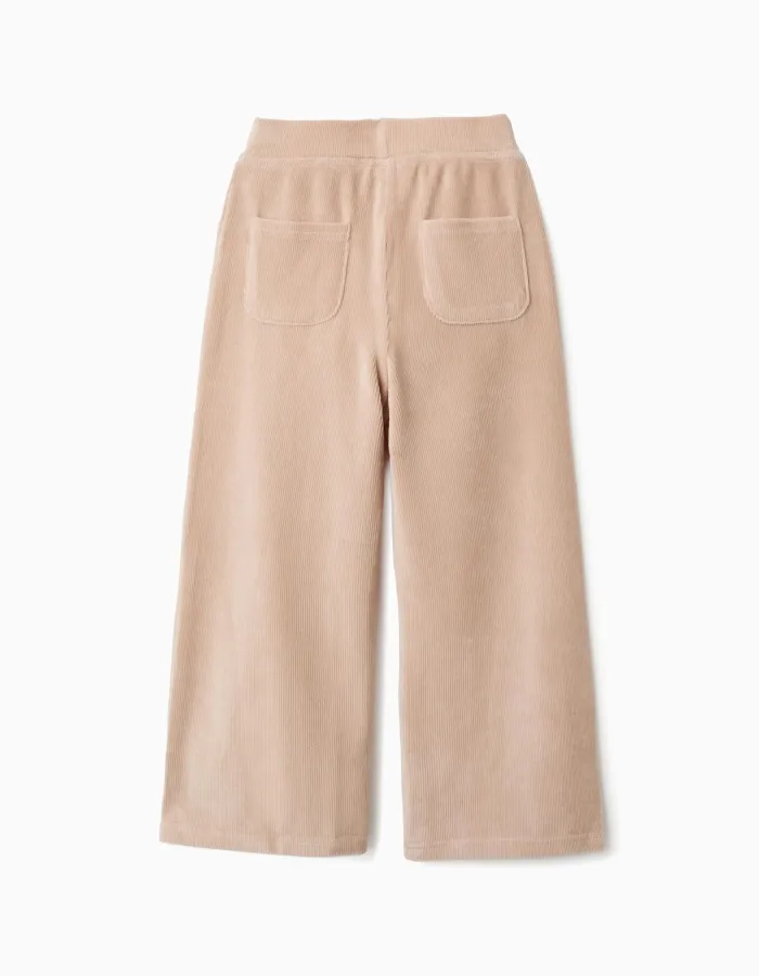 Wide leg corduroy trousers with elastic waist for girls, beige