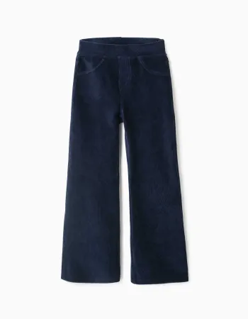 Flared corduroy leggings with elastic waist for girls, navy blue