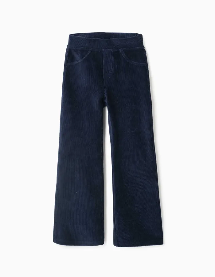 Flared corduroy leggings with elastic waist for girls, navy blue
