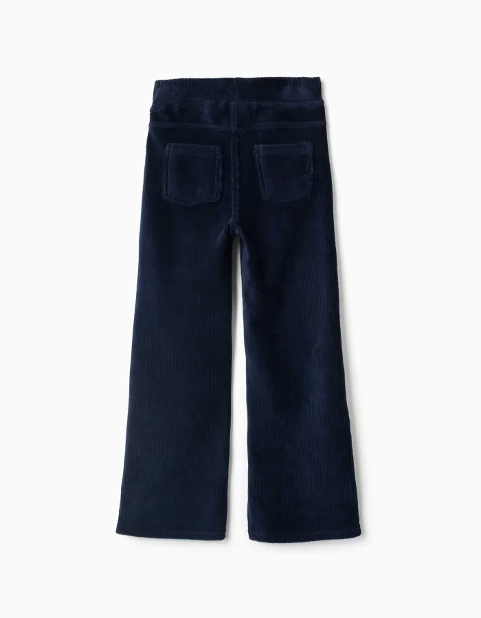 Flared corduroy leggings with elastic waist for girls, navy blue