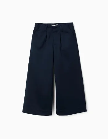 Wide leg trousers in interlock knit for girls, navy blue