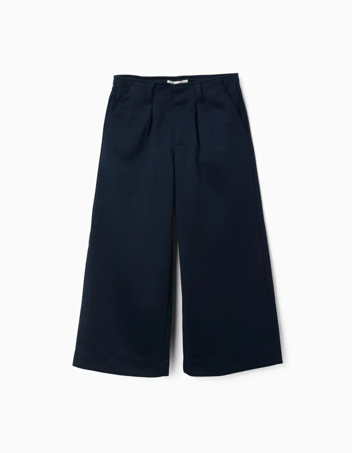 Wide leg trousers in interlock knit for girls, navy blue