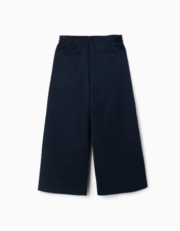 Wide leg trousers in interlock knit for girls, navy blue