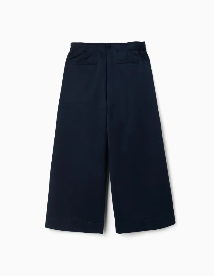 Wide leg trousers in interlock knit for girls, navy blue