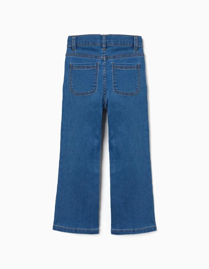 Flared jeans with adjustable waist and pockets for girls, blue