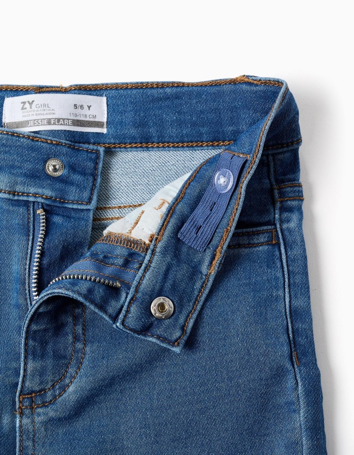 Flared jeans with adjustable waist and pockets for girls, blue
