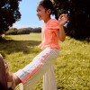 Striped cotton trousers with ric rac tape for girls, white/green