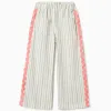 Striped cotton trousers with ric rac tape for girls, white/green