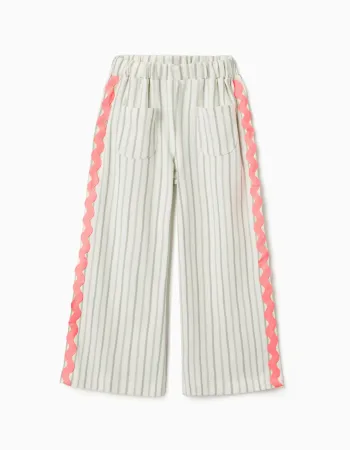 Striped cotton trousers with ric rac tape for girls, white/green