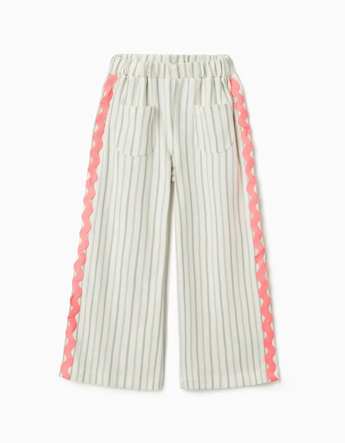 Striped cotton trousers with ric rac tape for girls, white/green
