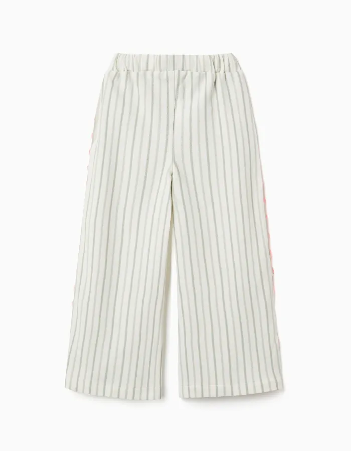 Striped cotton trousers with ric rac tape for girls, white/green