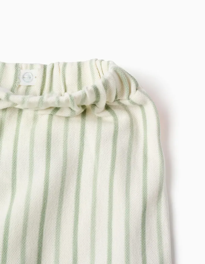 Striped cotton trousers with ric rac tape for girls, white/green