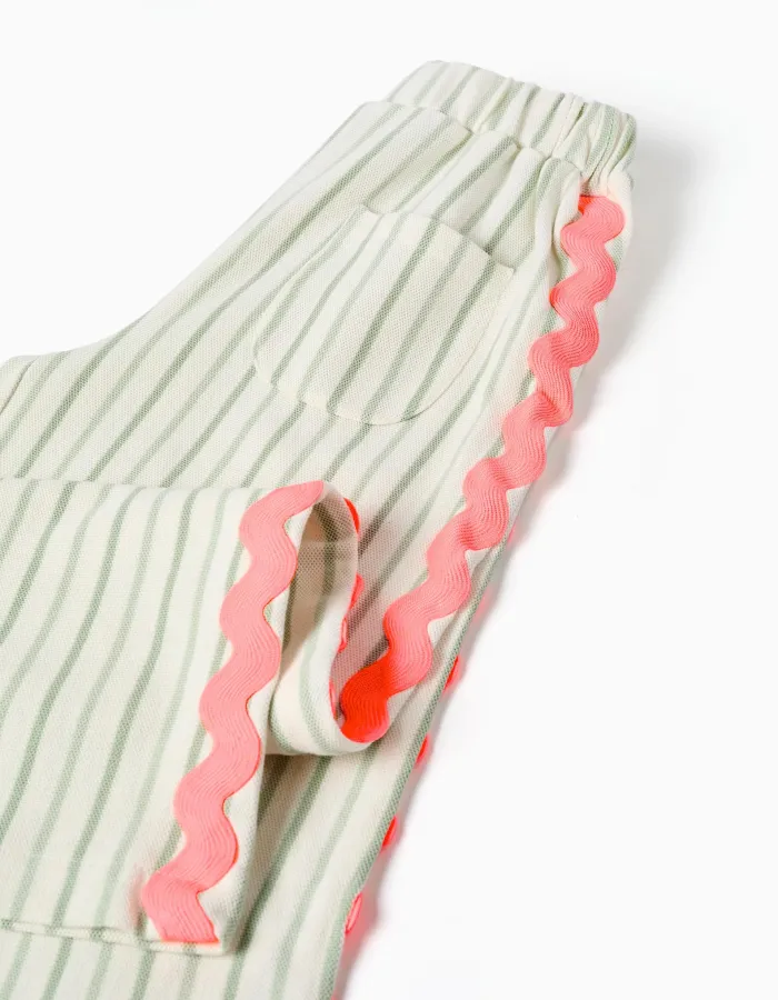 Striped cotton trousers with ric rac tape for girls, white/green