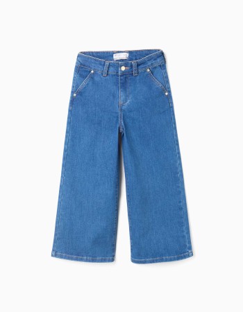 Wide leg jeans with front and back pockets for girls, blue