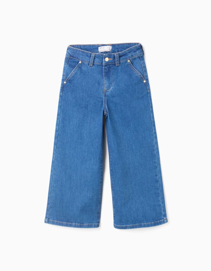 Wide leg jeans with front and back pockets for girls, blue
