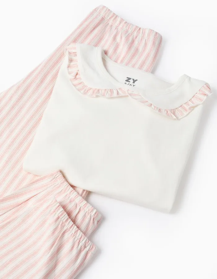 Cotton Jersey Pyjama with Stripes for Girls, White/Pink