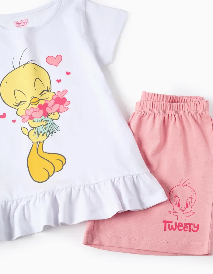 Cotton Short Pyjama with Ruffles for Girls 'Tweety', White/Pink