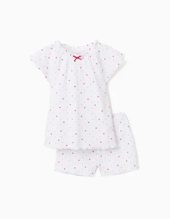 Ribbed cotton pyjamas with heart motif for girls, white/pink