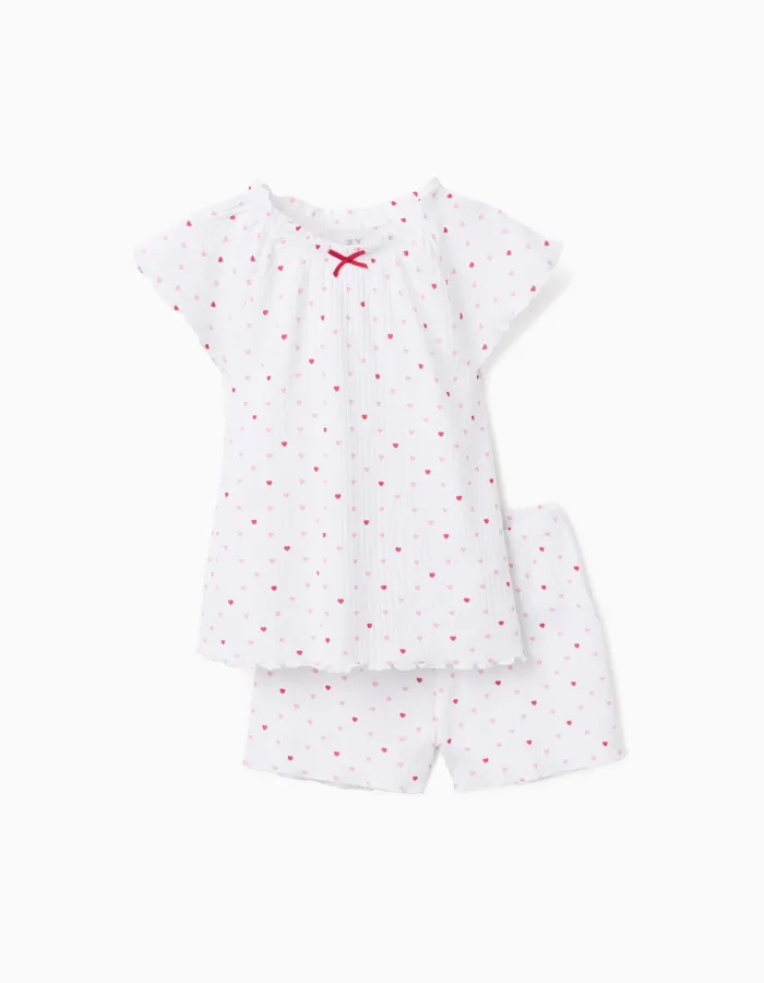Ribbed cotton pyjamas with heart motif for girls, white/pink