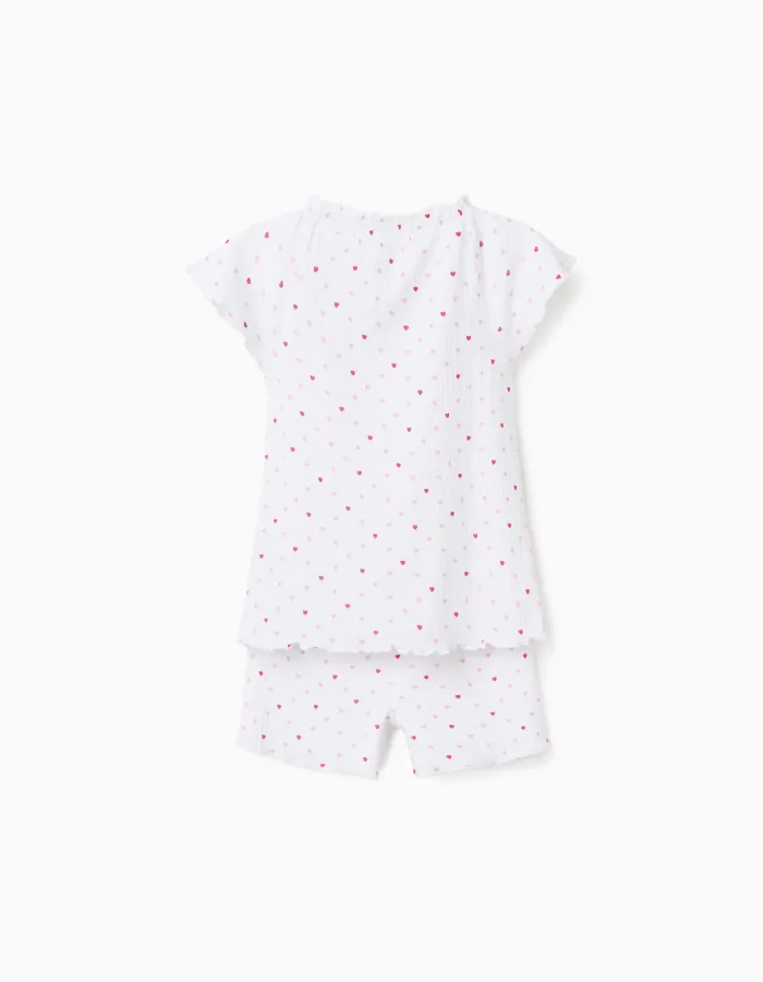 Ribbed cotton pyjamas with heart motif for girls, white/pink