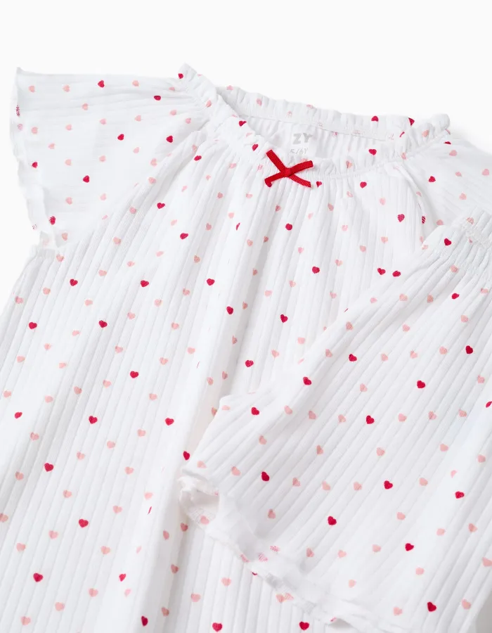 Ribbed cotton pyjamas with heart motif for girls, white/pink