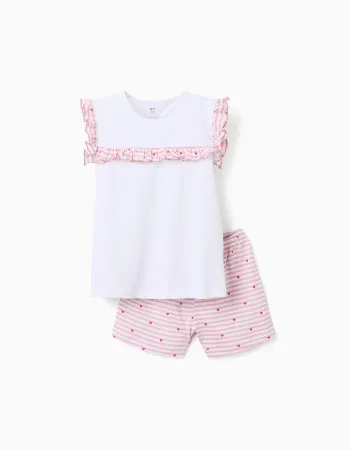 Cotton pyjamas with stripes and hearts for girls, white/pink