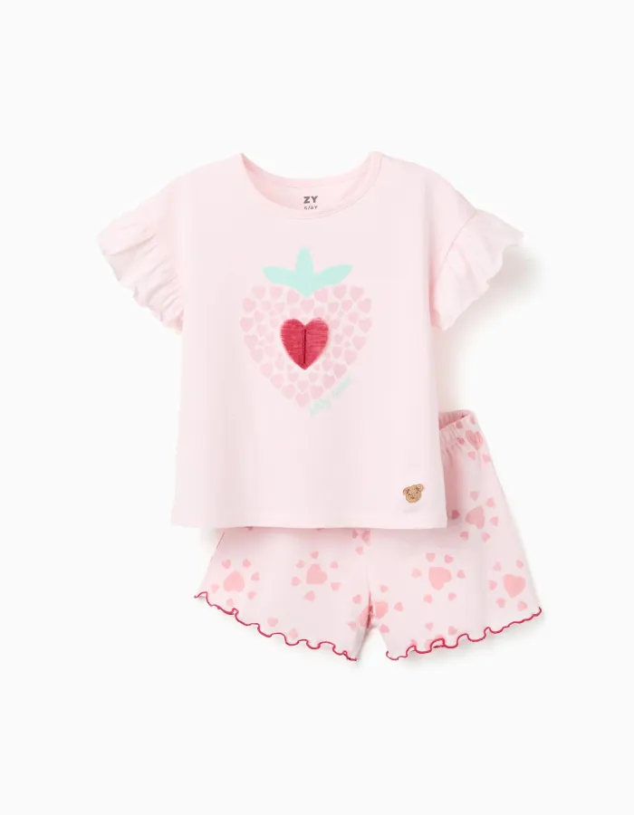 Cotton short sleeve pyjamas with heart prints for girls, light pink