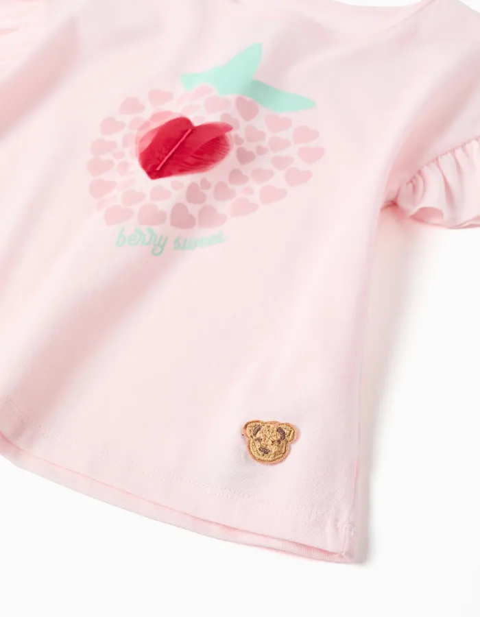 Cotton short sleeve pyjamas with heart prints for girls, light pink