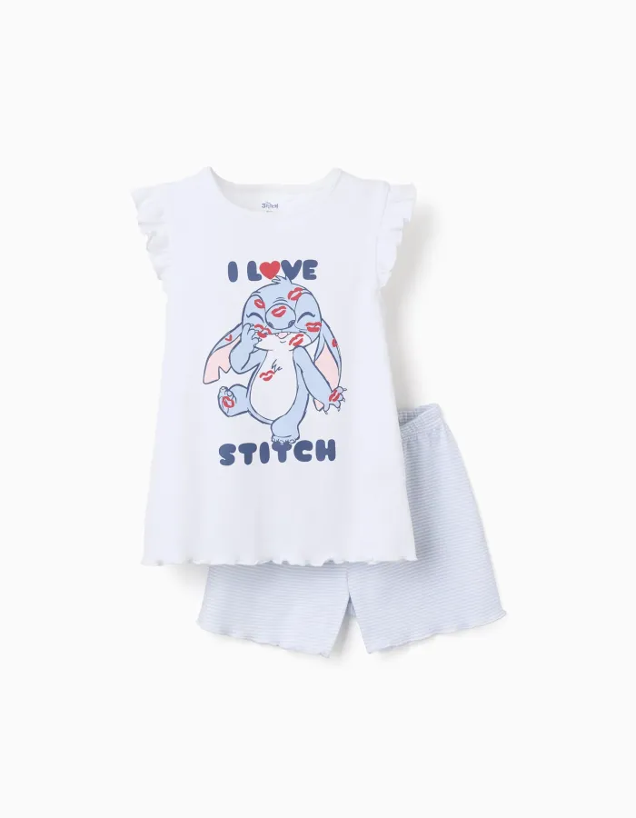 Cotton pyjamas with Stitch print for girls, white/blue