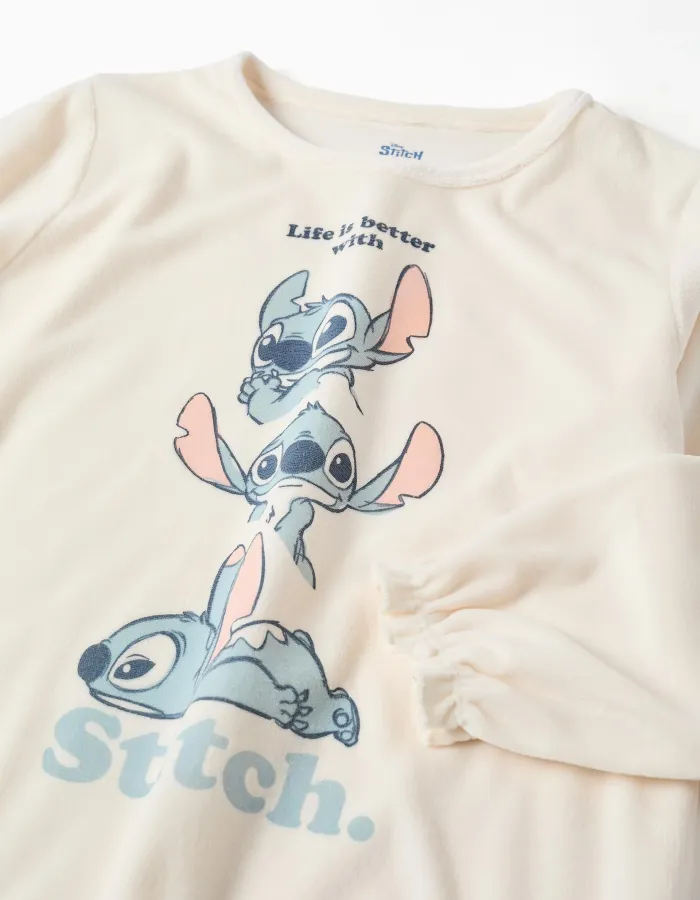 Velvet pyjamas with Stitch print for girls, light beige/pink