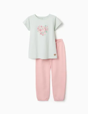 Cotton pyjamas with flower print for girls, light green/pink