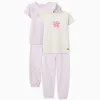 Pack of 2 short cotton pyjamas with floral prints for girls, lilac/white